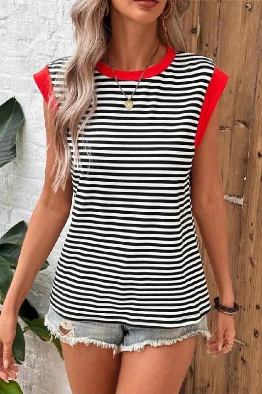 Black Stripe Colorblock Edge Round Neck Tank TopWindproof hoodie