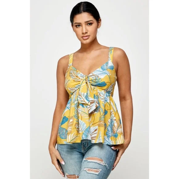 Honey Yellow Blue Tropical Floral Knotted Cami Babydoll Summer Vacation Tank TopTraining jacket