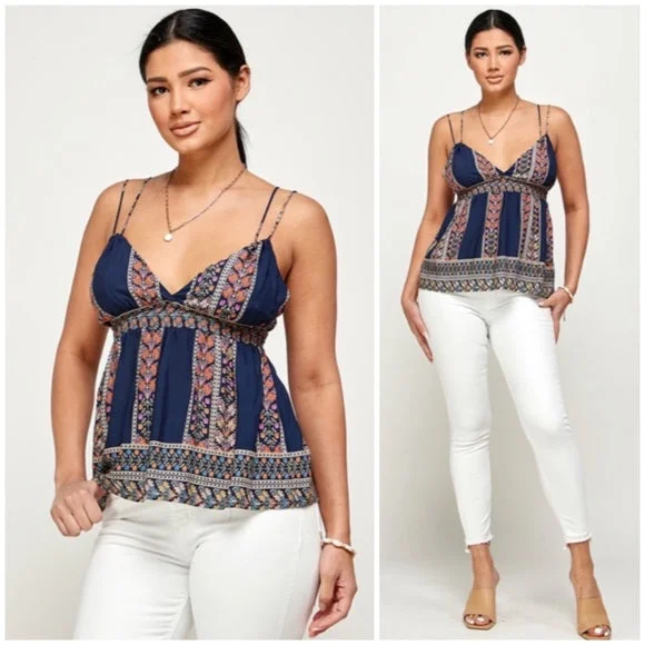 Navy Bohemian Border Floral Print Smocked Casual Cami Tank Top Women'sGym jacket