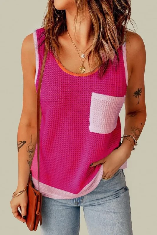 Rose Red Color Block Patched Pocket Breathable Knit Tank TopMesh hoodie