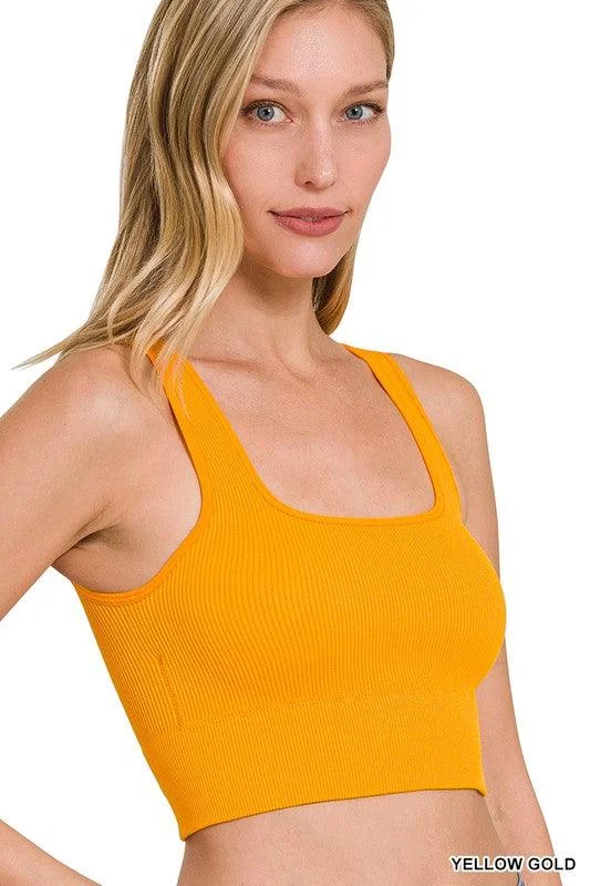 Women's ribbed square cropped tank top in yellow goldRunning singlet