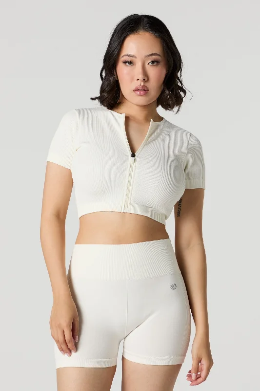 CroptoppatternActive Seamless Ribbed Short Sleeve Zip-Up Crop Top