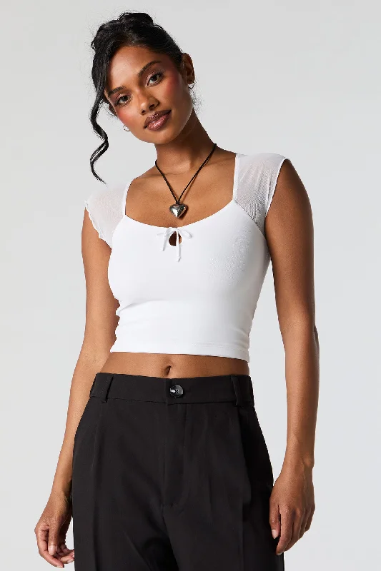 CroptopwovenMesh Sleeve Cut-Out Crop Top