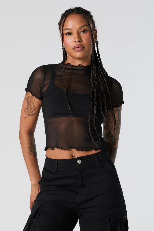 CroptopseamMesh Mock Neck Lettuce Edge Crop Top