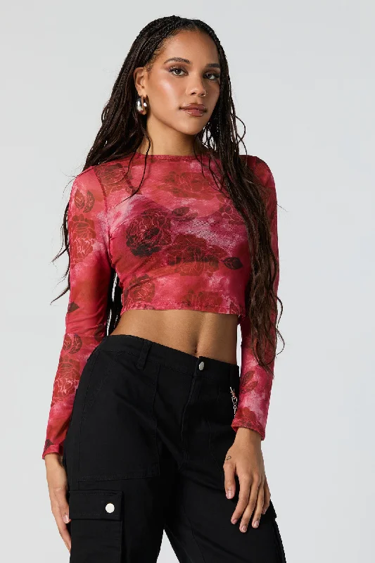 CroptopchicFloral Print Mesh Long Sleeve Crop Top