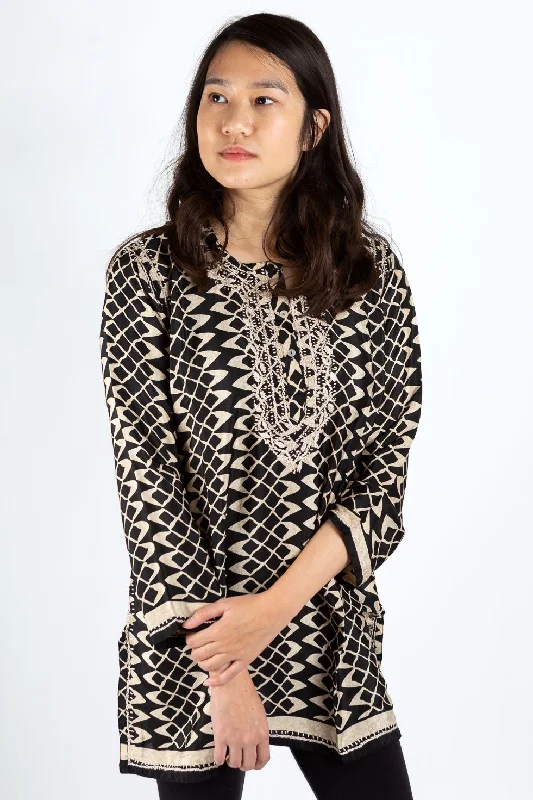 TunicTopHorizonBlack Silk Blend Tunic w/ Khaki Embroidery