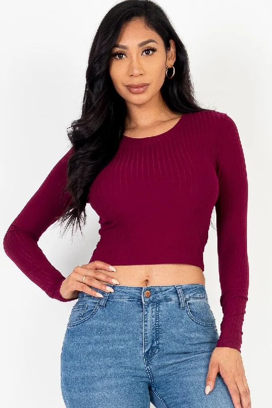 CroptopshirtLong Sleeve Round Neck Basic Crop Top