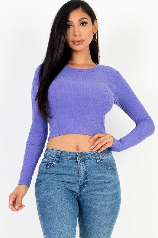 CroptopfitLong Sleeve Round Neck Basic Crop Top