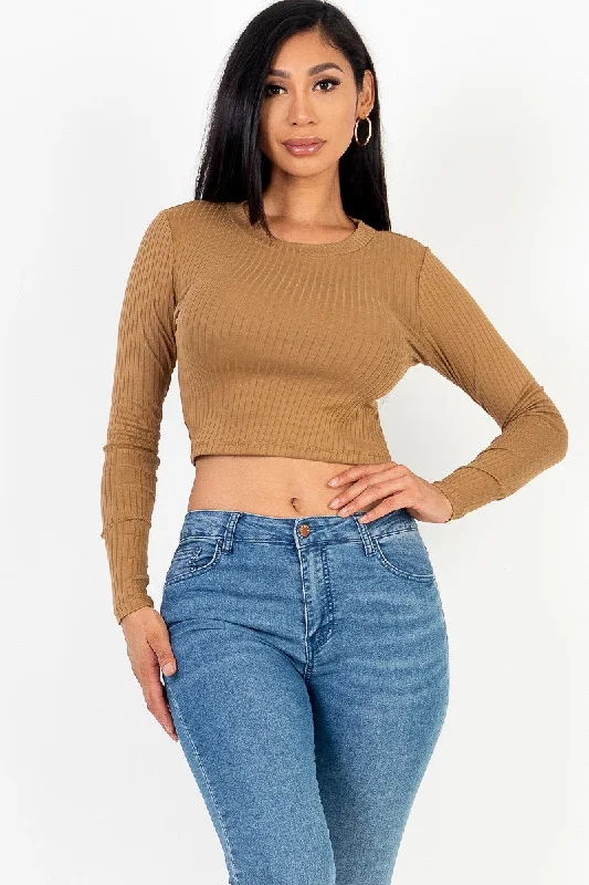 CroptopfabricLong Sleeve Round Neck Basic Crop Top