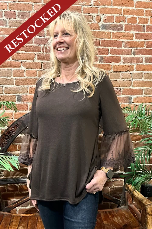 TunicTopSapphireLace Bell Sleeve Brown Tunic by Origami Apparel