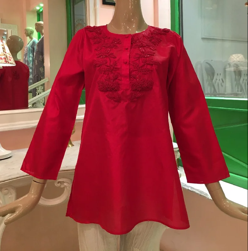 TunicTopOrbitLeaves of Grass, New York Red Silk tunic