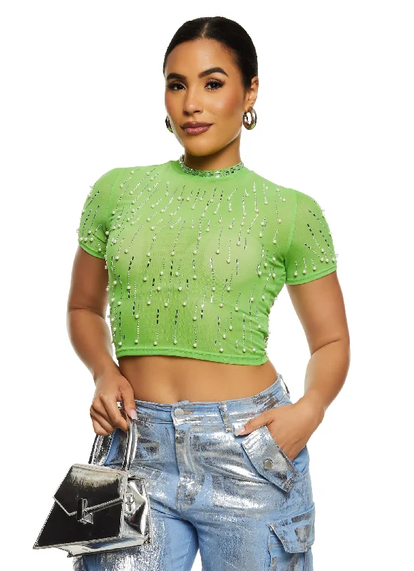 CroptopgameMesh Rhinestone Faux Pearl Studded Crop Top