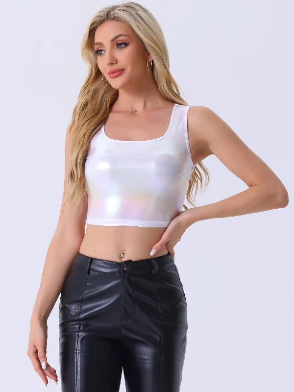 CroptopcustomU Neck Sleeveless Party Holographic Shiny Metallic Crop Top