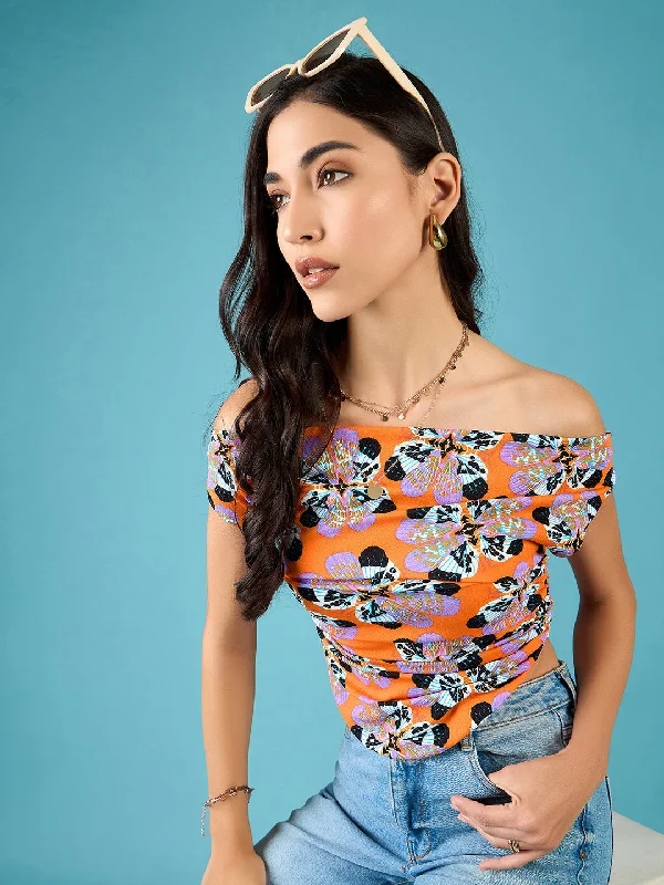 CroptopstitchPrinted Cotton Stretchable Draped Crop Top