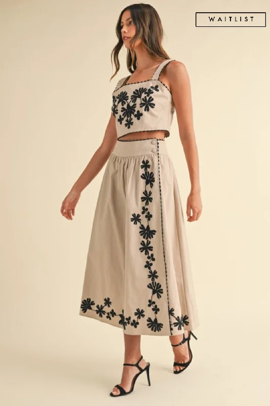 CroptopanalyticsWaitlist 11/10 ♥ Priscilla Sleeveless Embroidered Crop Top And Midi Skirt Set Taupe