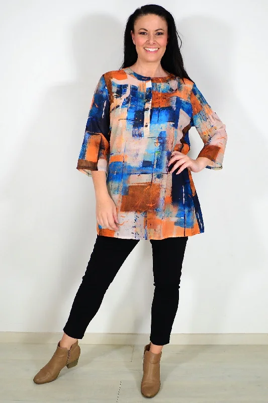 TunicTopAquaSilk Blend Rust Blue Tunic Top