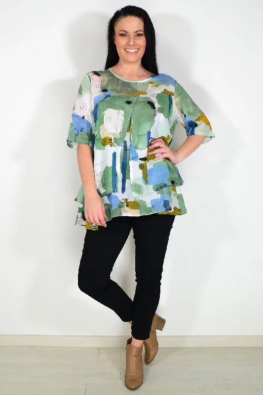 TunicTopMarineGreen Layered Abstract Tunic Top