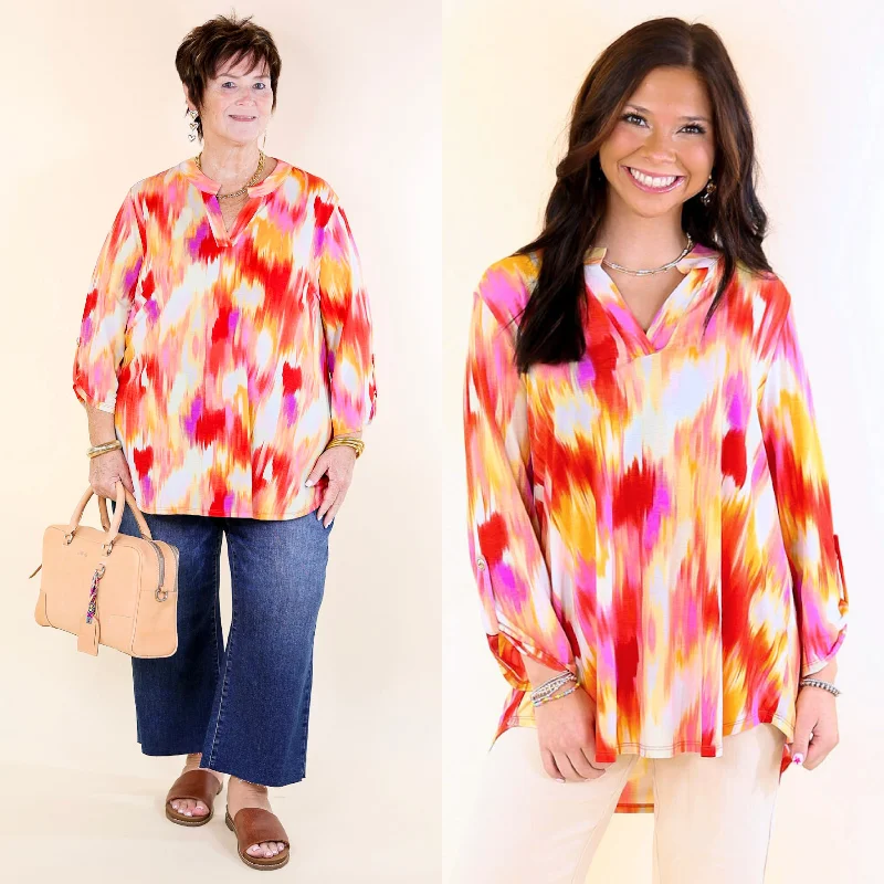 TunicTopGriffinUrban Elegance Watercolor 3/4 Sleeve Tunic Top in Red Mix