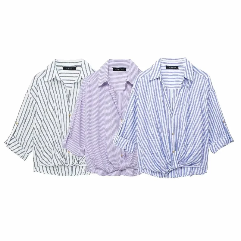 Women's Striped Knot Twist Front Shirt Linen Blend Roll Up Sleeve V-Neck Collar Blouse