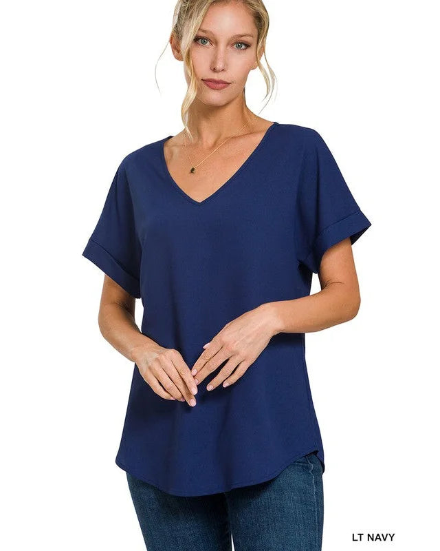 Woven Heavy Dobby Rolled Sleeve V-Neck Top