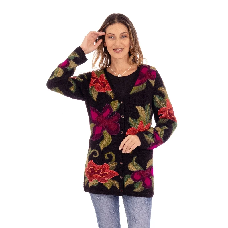 Novica Handmade Cusco Flowers In Black 100% Cardigan