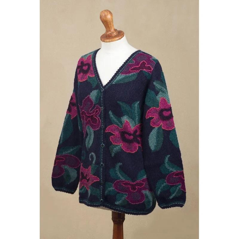 Novica Handmade Cusco Flowers In Blue 100% Cardigan