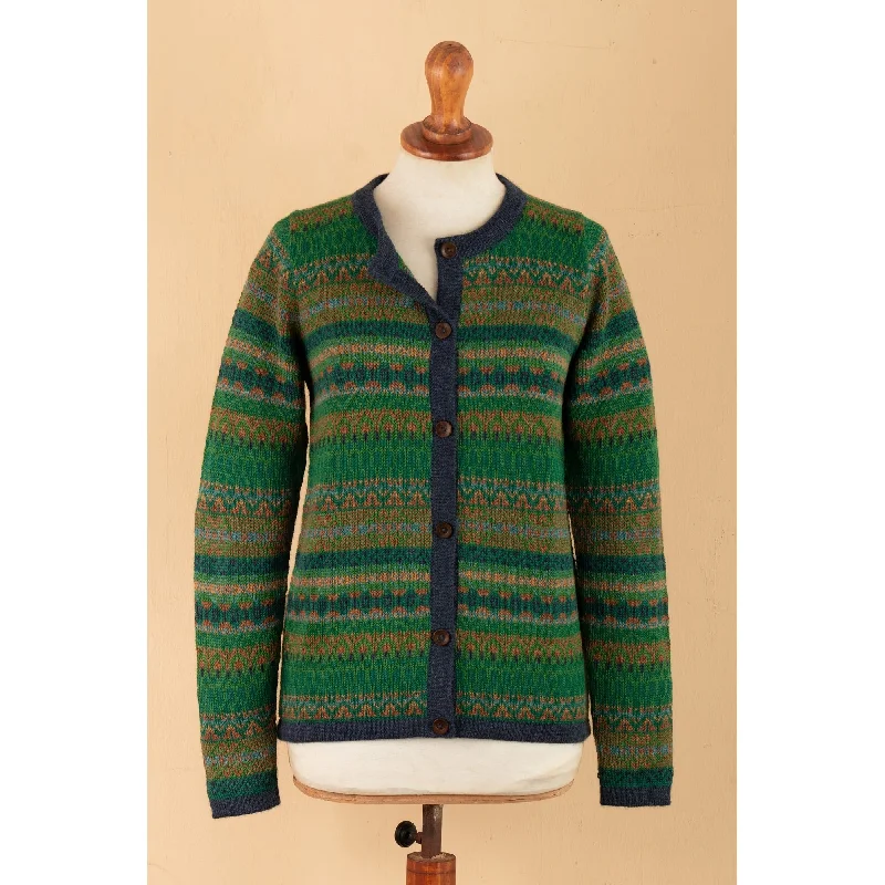 Novica Handmade Incas Green Geometry Cardigan Sweater