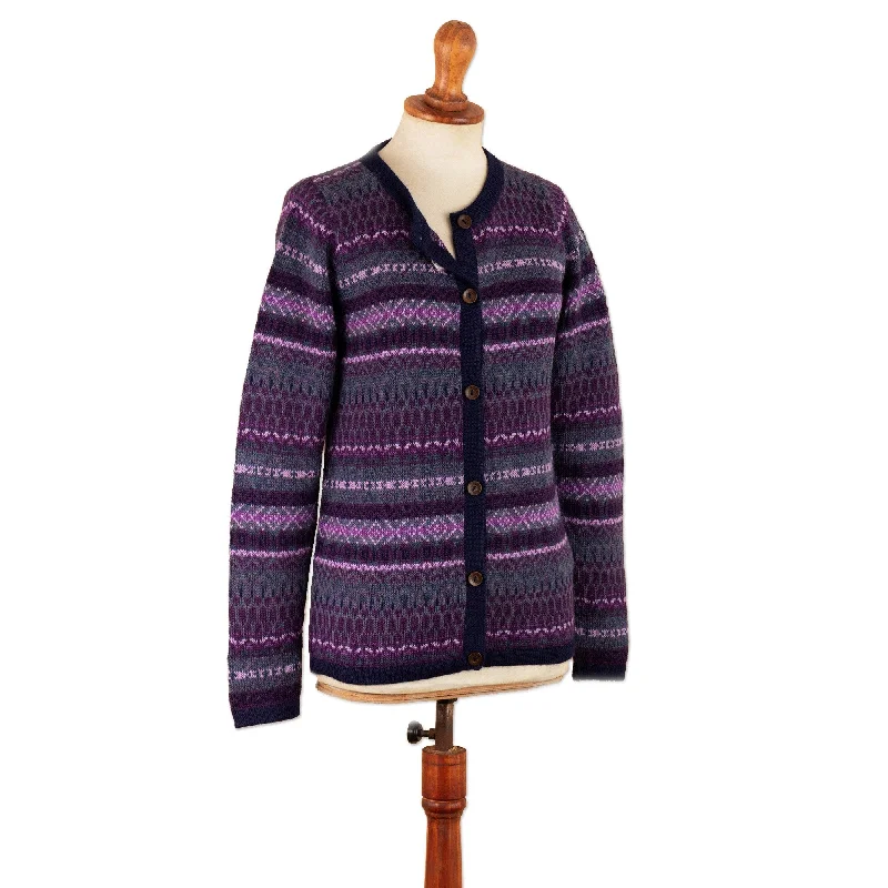 Novica Handmade Incas Purple Geometry Cardigan Sweater