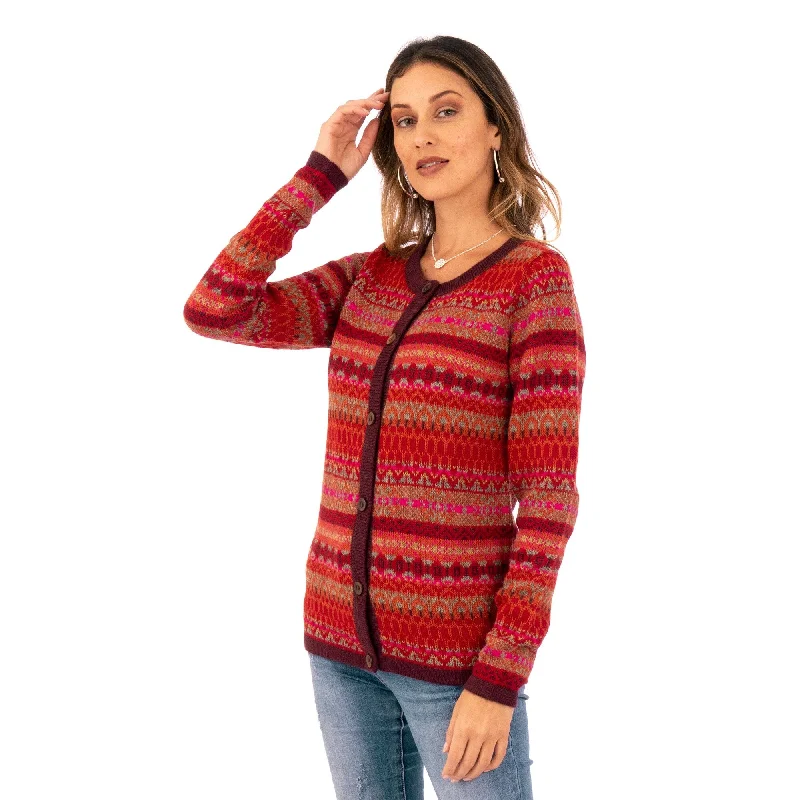 Novica Handmade Incas Red Geometry Cardigan Sweater